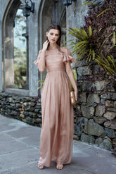 Geneva Pleated Short Sleeve Organza Formal Maxi Dress